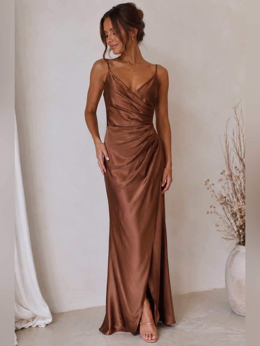 Kennedy Blue Satin Bridesmaid Dress Size 0 Brown Ruched Wrap Formal Maxi Gown
